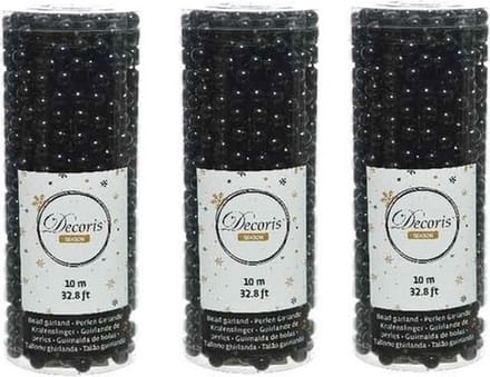 Decoris Kralenslinger - 3x stuks - zwart - 10 meter - kunststof - glans - kerstslinger - kerstversiering