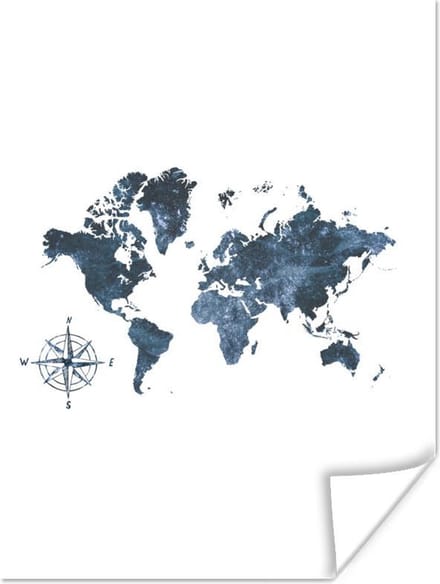 Poster - Wereldkaart - Blauw - Wit - 30x40 cm