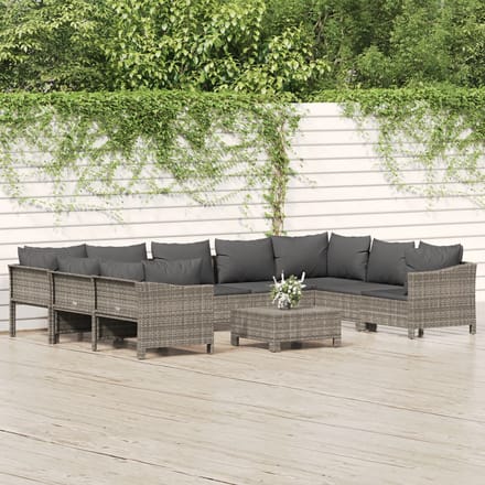 vidaXL - 10-delige - Loungeset - met - kussens - poly - rattan - grijs