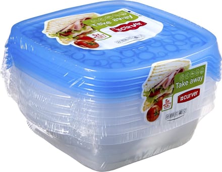 Curver Take Away 2 Vershoudbakjes met deksel - Vierkant - 0,6L - 5 stuks - Transparant/Blauw