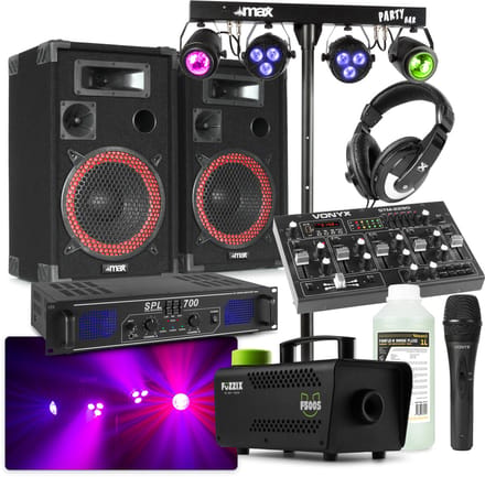 MAX Complete 700W DJ Disco set met geluidsboxen, lichteffecten en rookmachine met 2L vloeistof