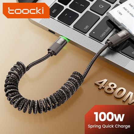 Toocki Spring 100W USB-C naar USB-kabel, uitschuifbare autolader, USB-C-kabel voor Macbook, iPhone 18, Samsung, Huawei en Xiaomi.