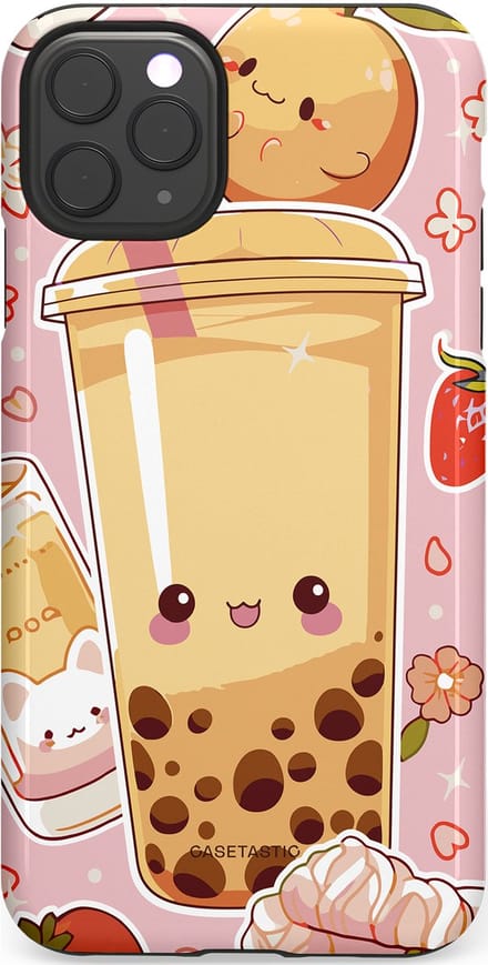 Casetastic hoesje geschikt voor Apple iPhone 11 Pro Max - Dubbellaagse bescherming - Kawaii Thee Design - Bubble Tea - Fashion Case - Lichtroze Beige Perzik Lichtgrijs