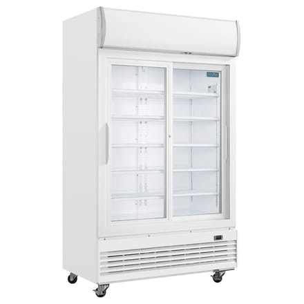 Polar G-serie tweedeurs displaykoeling met lichtbak 950L schuifdeuren