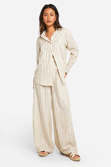 boohoo Dames Stripe Linen Look Wide Leg Trousers | Ecru | Maat: 34