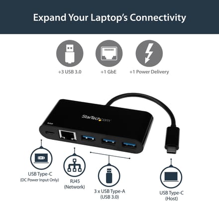 StarTech.com USB-C Aan GbE AV / multimedia paneel with 3-Port USB 3.0 Hub w/ Stroom Delivery - Netwerk AV / multimedia paneel