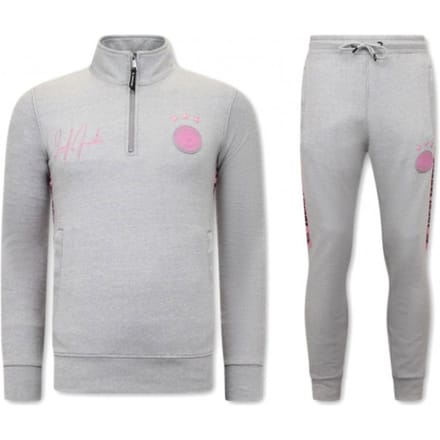 Heren Joggingspak - Half Zipper, Double Ribbon - Grijs / Roze