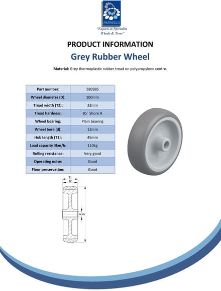 Wiel van 100 mm met grijs TPR-rubber op een kern van polypropyleen