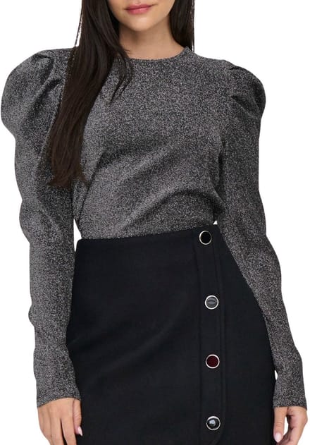 ONLY ONLRICH L/S GLITTER PUFF TOP JRS Dames Top - Black Silver Glitter