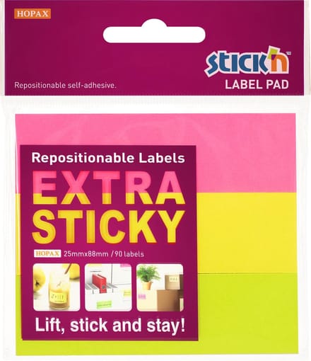 Stick'n Label Etiket - 25x88mm - Extra Sticky - Neon Magenta - Geel - Groen - 3x30 - Sticky Notes