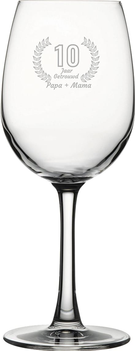 Gegraveerde witte wijnglas 36cl Papa + mama 10 jaar getrouwd