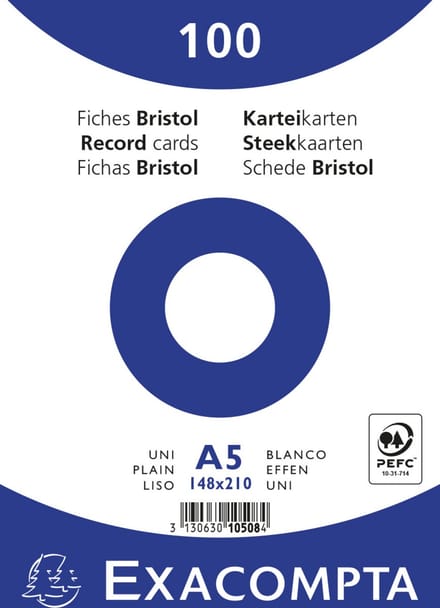 Exacompta 10x Pak 100 steekkaarten in folie - bristol effen niet geperforeerd - 148x210mm - Wit - 10508E