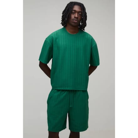 Oversized Shrunken Jacquard Gestreept T-shirt & Baggy Shorts Set | Green | Size Medium