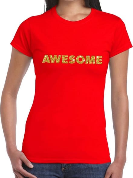 Awesome goud glitter tekst t-shirt rood voor dames XS
