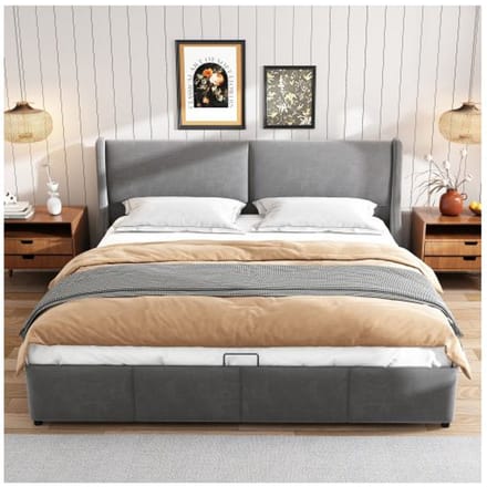 Lit double - MUVOE - 160 x 200 cm - Rembourré - Gris - Coffre de rangement intégré gris