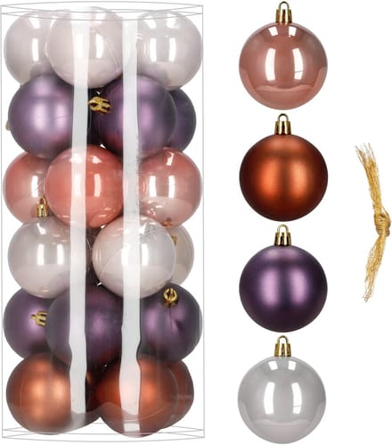 Springos Kerstballen | 24 Stuks | 6,5 cm | Paars | Bruin | Parelmoer | Roségoud