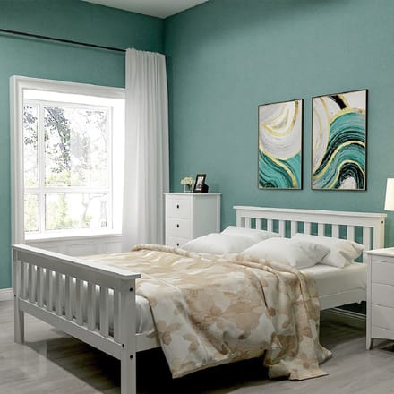 MODFU Bedframe 140x200 cm – Van massief grenenhout – Inclusief lattenbodem – Wit – Stabiel en stevig