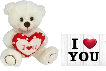 Pluche knuffelbeer met I Love hartje - wit/rood - 20 cm - inc. wenskaart