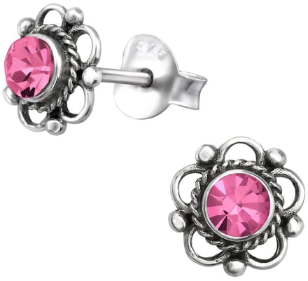 Joy|S - Zilveren Bali bloem oorbellen - 7 mm - roze kristal - geoxideerd