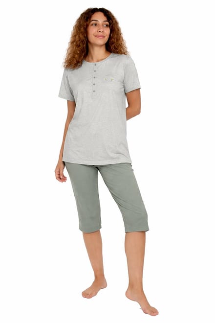 Dames Pyjama - Katoen - Zomer - 3/4 broek - Groen Gemêleerd - Maat S