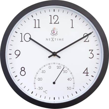 NeXtime Marigold – Buitenklok – 30.5 cm – Metaal – Zwart/Wit – Weerbestendig – Met thermometer