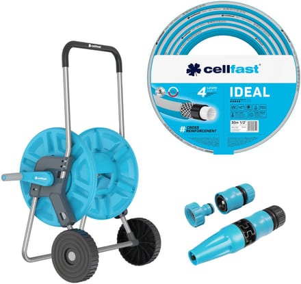 Cellfast Aluplus-slangwagen 1/2" 60 m + Cellfast IDEAL-tuinslang 1/2" 30 m + Set met Cellfast Basic-sproeier 1/2"