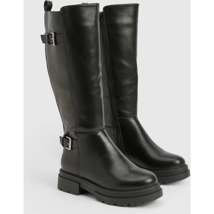 boohoo Dames Brede pasvorm dubbele gesp kniehoge bikerlaarzen | Zwart | Maat: 36