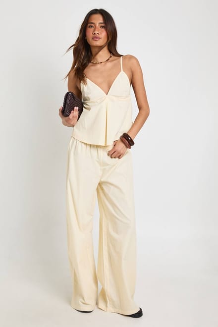boohoo Dames Poplin Cami En Wijde Pijpenbroek Set | Lemon | Maat: 8