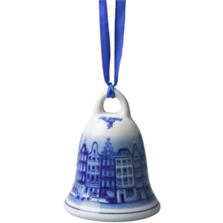 Heinen delfts blauw kerstbel - grachtenpanden klein, 7,5 cm