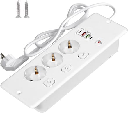 Inbouwtafelcontactdoos met USB-C, 3 Stopcontacten en 4 USB-Poorten, Uitschuifbaar, Wit
