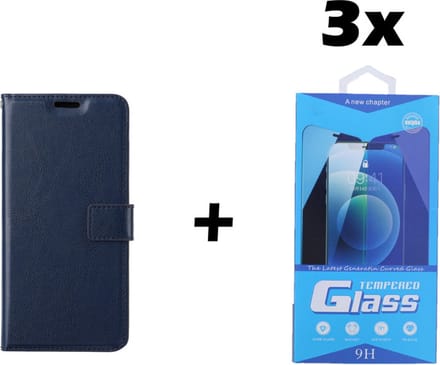 iPhone 13 Pro Max Telefoonhoesje - Bookcase - Ruimte voor 3 pasjes - Kunstleer - met 3x Tempered Screenprotector - SAFRANT1 - Donkerblauw