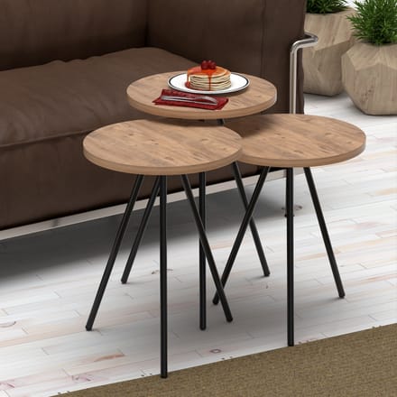 Bijzettafel Ølgod rond set van 3 houtkleurig en zwart