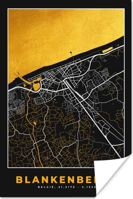 Poster Plattegrond - Stadskaart - Blankenberge - Goud - Kaart - 20x30 cm