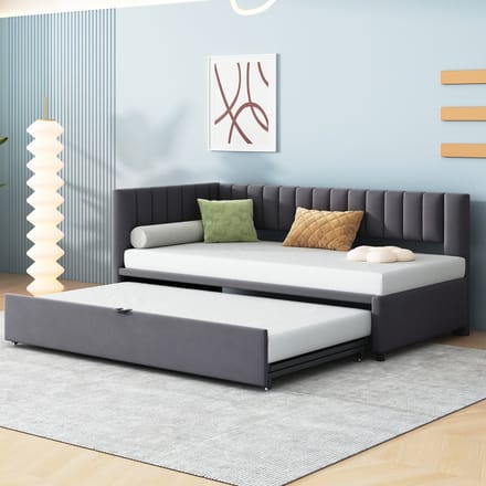 MODFU L-vormige slaapbank 90/180x200 cm – Fluweel grijs – Uittrekbaar bed – Ruimtebesparend – Push-pull