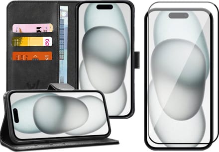 Hoesje geschikt voor iPhone 15 - Screen Protector FullGuard - Book Case Kunstleer Pasjeshouder Zwart & Screenprotector