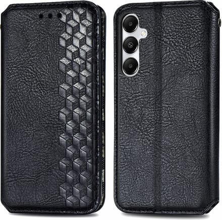 Luxe PU Lederen Ruitpatroon Wallet Case + PMMA Screenprotector voor Galaxy A55 5G _ Zwart