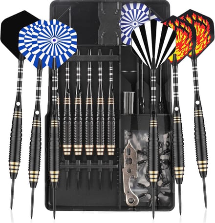 Professionele dartset met 6 stalen tip darts, 24g metalen dartpijlen en accessoires