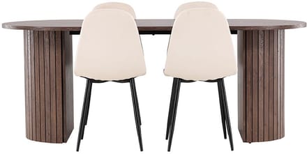 Härön eethoek tafel 90x200cm en 4 velours stoelen mocca.
