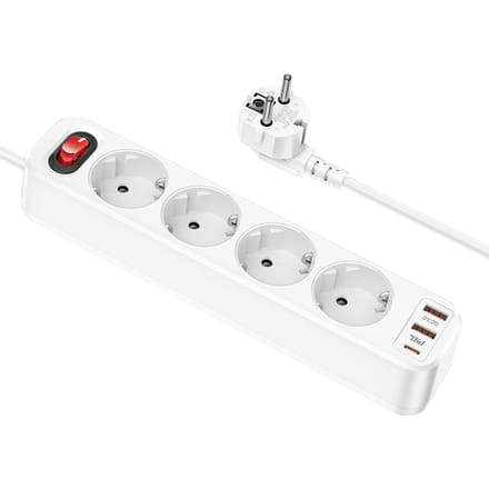 Hoco 4-voudige Stekkerdoos met 2 USB-A en 1 USB-C Poort - Wit