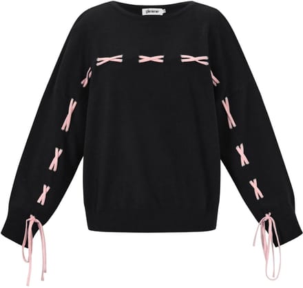 Comfortabele Gebreide Viscose Dames Trui met Contrasterende Strikken - Zwart - Maat S/M