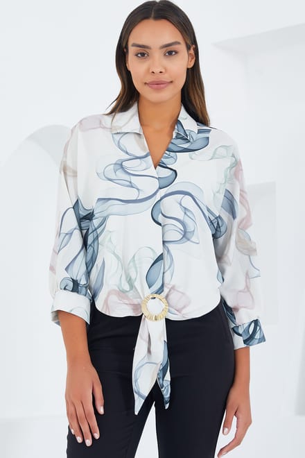 Gedrukte Crop Shirt met Pompom Detail