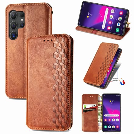 Luxe PU Lederen Ruitpatroon Wallet Case + Screenprotector voor Galaxy S24 Ultra _ Bruin