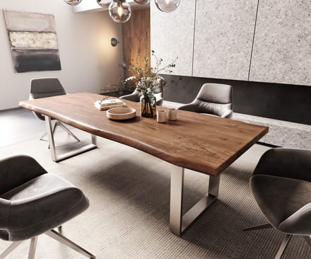 Eettafel Edge acacia bruin 260x100 XL edelstaal smal Live-Edge