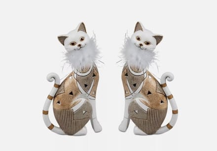 Poes - Beeld - Kat - 2 set - 23x12x6cm - Polyserin - Goud - Wit - Spiegel - Pluche