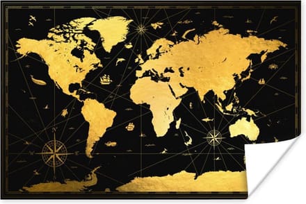 Poster - Wereldkaart - Goud - Zwart - Luxe - 120x80 cm
