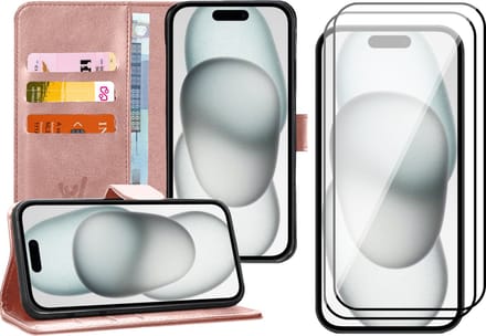 Hoesje geschikt voor iPhone 15 Plus - 2x Screen Protector FullGuard - Book Case Kunstleer Pasjeshouder Rosegoud & Screenprotector