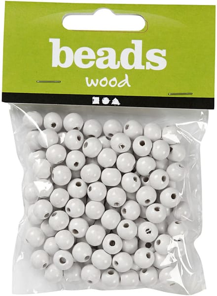 Houten kralen, d 10 mm, gatgrootte 3 mm, wit, 20gr/ 1 doos