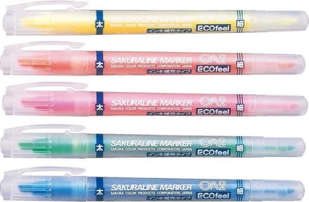Sakura Dual Point Hervulbare Highlighters  5 Colors Ecofeel Set + 5 Ink Refills