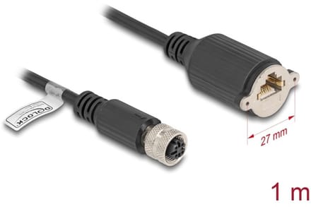 Delock M12 Cable D-coded 4 pin female to RJ45 jack for installation Cat.5e FTP 1 m black