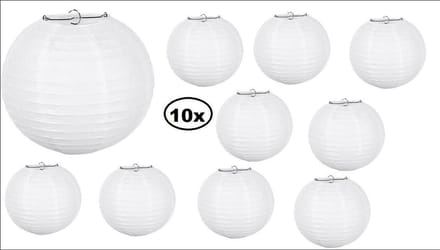 10x Lampion papier wit met draadstalen frame
